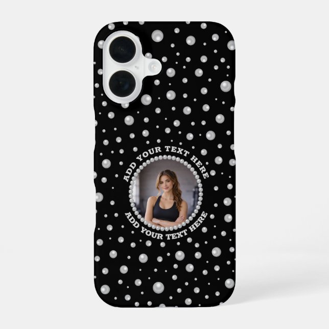 Personalized Photo with Pearls Circle on Black iPhone Case (Back)