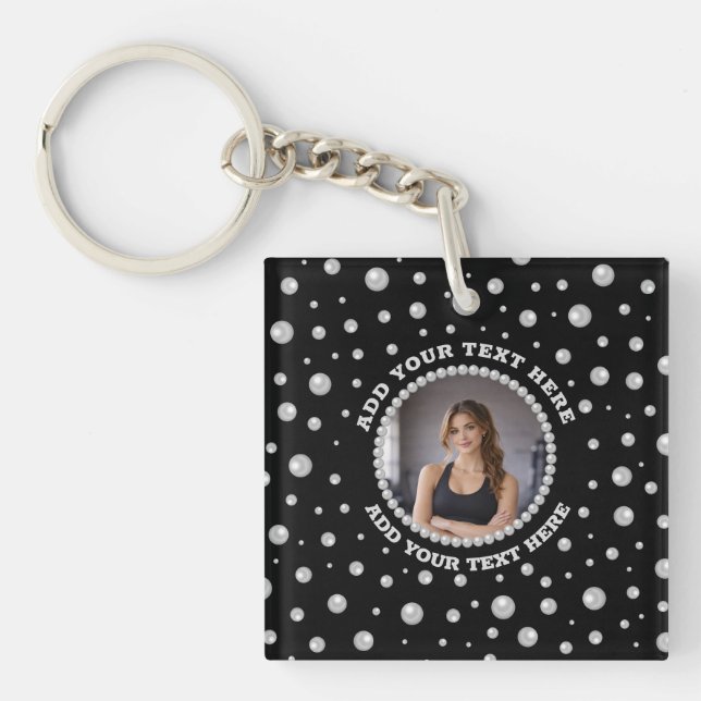 Personalized Photo with Pearls Circle on Black Keychain (Front)