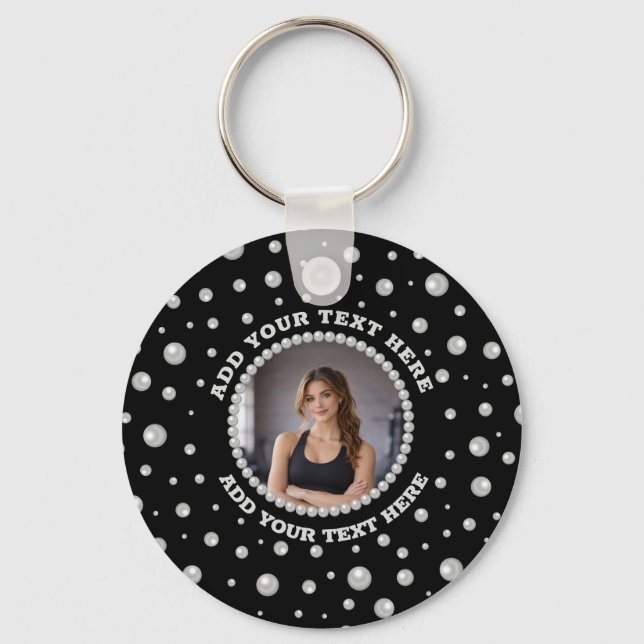 Personalized Photo with Pearls Circle on Black Keychain (Front)