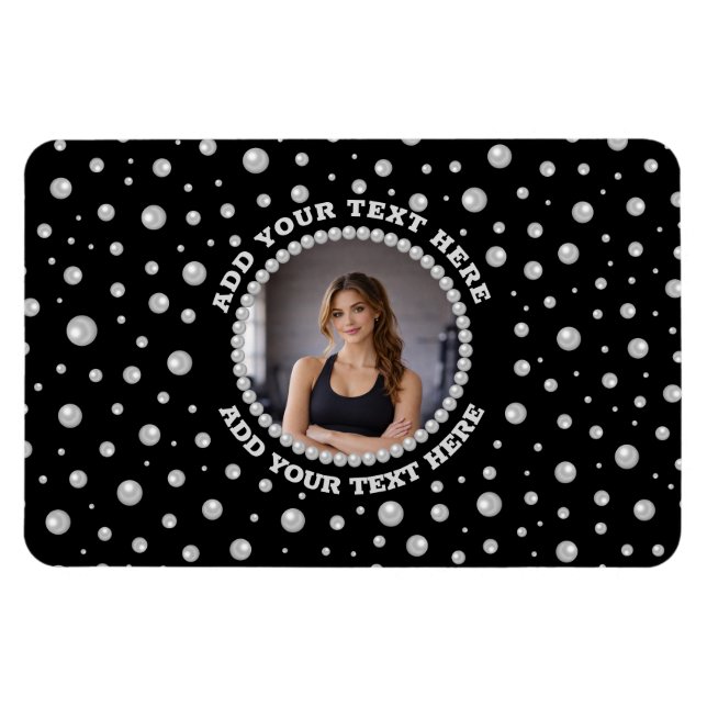 Personalized Photo with Pearls Circle on Black Magnet (Horizontal)