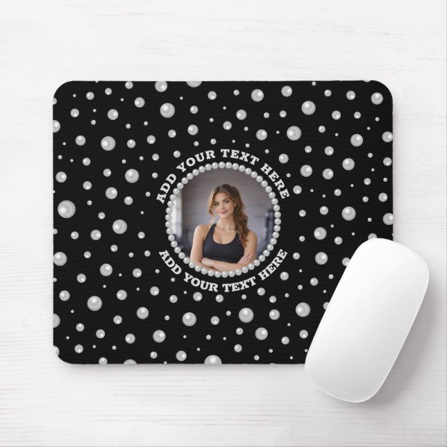 Personalized Photo with Pearls Circle on Black Mouse Pad (With Mouse)