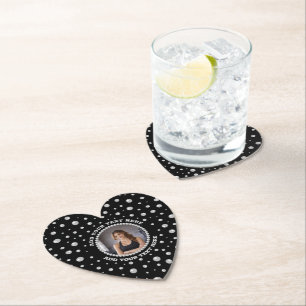 Personalized Photo with Pearls Circle on Black Paper Coaster