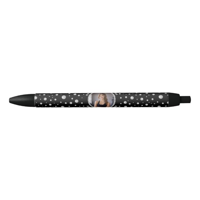 Personalized Photo with Pearls Circle on Black Pen (Front)