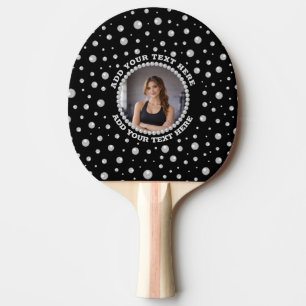 Personalized Photo with Pearls Circle on Black Ping Pong Paddle