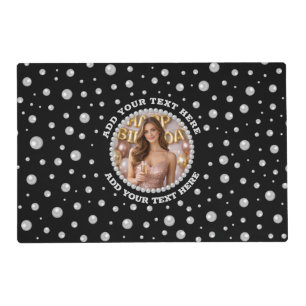 Personalized Photo with Pearls Circle on Black Placemat