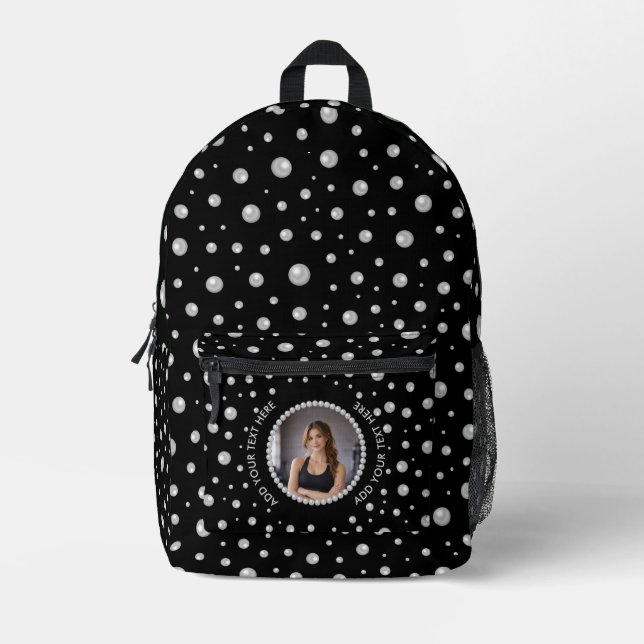 Personalized Photo with Pearls Circle on Black Printed Backpack (Front)