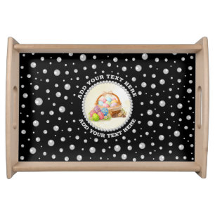 Personalized Photo with Pearls Circle on Black Serving Tray