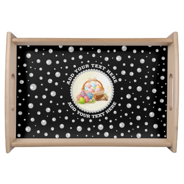 Personalized Photo with Pearls Circle on Black Serving Tray (Front)