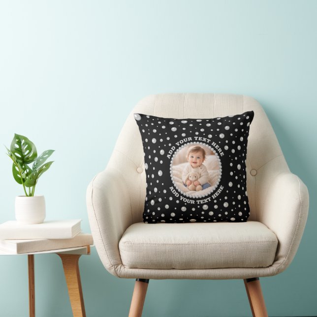Personalized Photo with Pearls Circle on Black Throw Pillow (Chair)