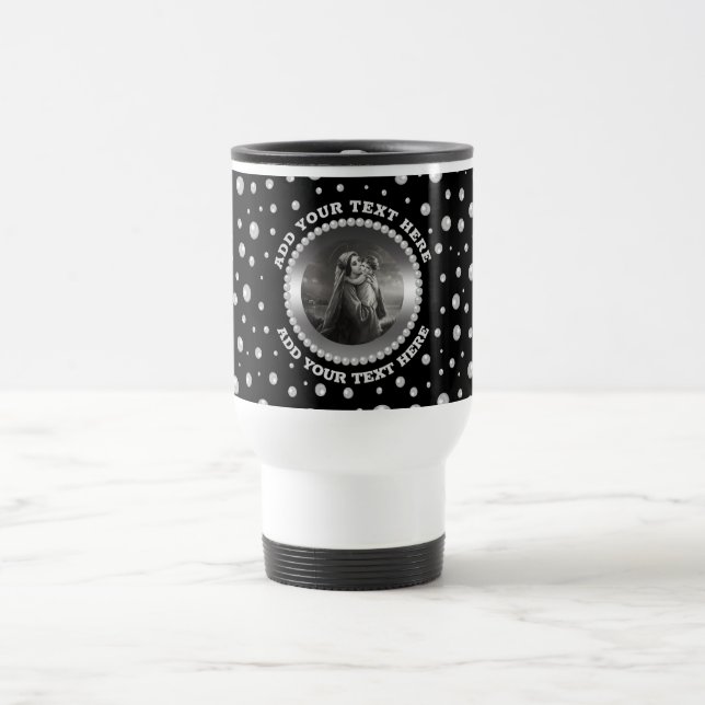 Personalized Photo with Pearls Circle on Black Travel Mug (Center)