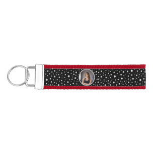 Personalized Photo with Pearls Circle on Black Wrist Keychain