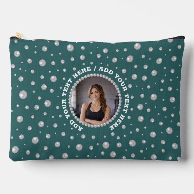 Personalized Photo with Pearls Circle on Teal Accessory Pouch (Front)
