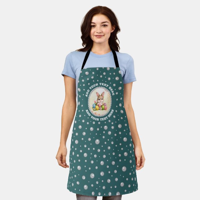 Personalized Photo with Pearls Circle on Teal Apron (Worn)