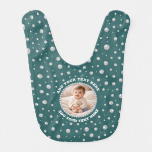 Personalized Photo with Pearls Circle on Teal Baby Bib