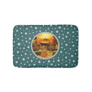 Personalized Photo with Pearls Circle on Teal Bath Mat