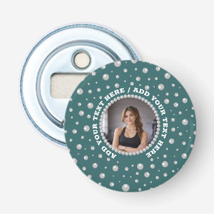 Personalized Photo with Pearls Circle on Teal Bottle Opener