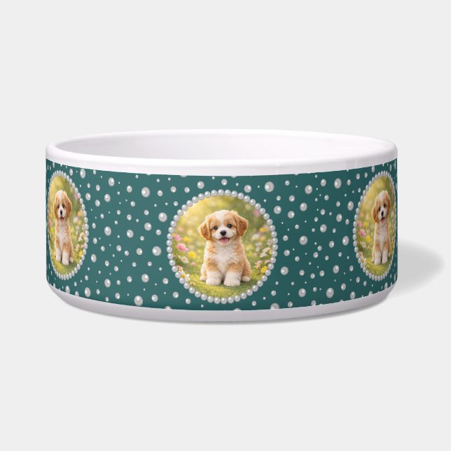 Personalized Photo with Pearls Circle on Teal Bowl (Front)