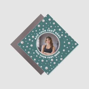 Personalized Photo with Pearls Circle on Teal Car Magnet