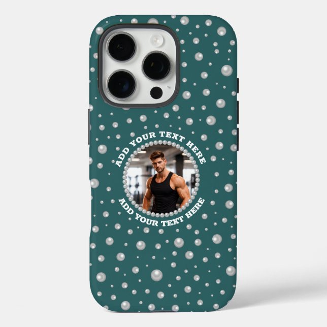 Personalized Photo with Pearls Circle on Teal Case-Mate iPhone Case (Back)