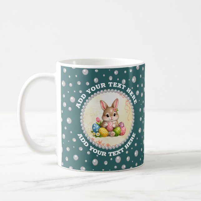 Personalized Photo with Pearls Circle on Teal Coffee Mug (Left)