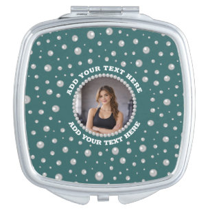 Personalized Photo with Pearls Circle on Teal Compact Mirror