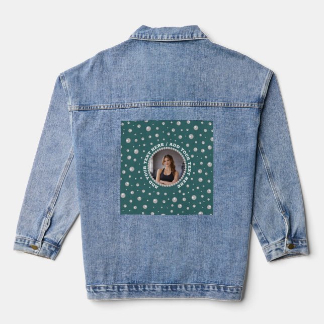 Personalized Photo with Pearls Circle on Teal Denim Jacket (Back)
