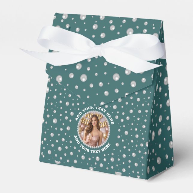 Personalized Photo with Pearls Circle on Teal Favor Boxes (Front Side)