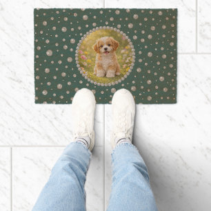 Personalized Photo with Pearls Circle on Teal Fiber Doormat