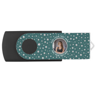 Personalized Photo with Pearls Circle on Teal Flash Drive