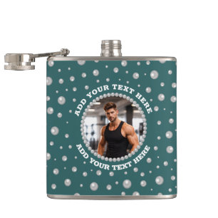 Personalized Photo with Pearls Circle on Teal Flask