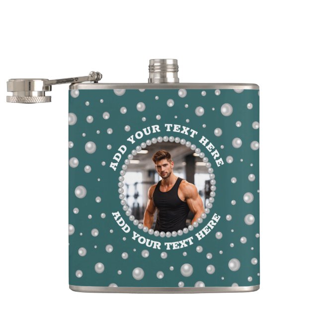 Personalized Photo with Pearls Circle on Teal Flask (Opened)