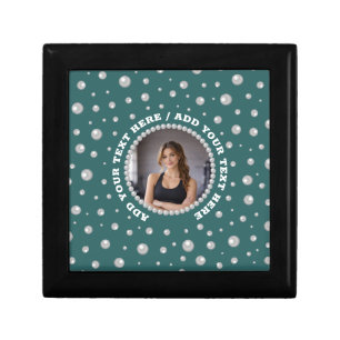 Personalized Photo with Pearls Circle on Teal Gift Box