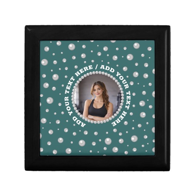 Personalized Photo with Pearls Circle on Teal Gift Box (Front)
