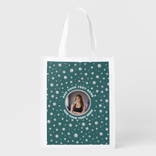 Personalized Photo with Pearls Circle on Teal Grocery Bag
