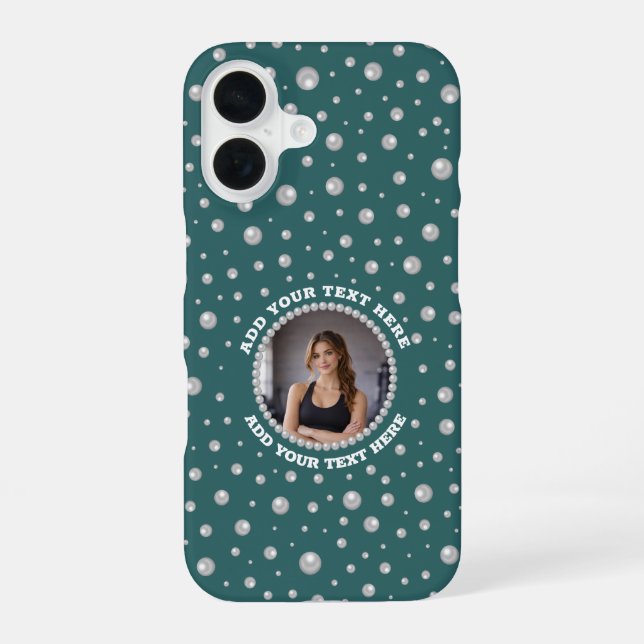 Personalized Photo with Pearls Circle on Teal iPhone Case (Back)