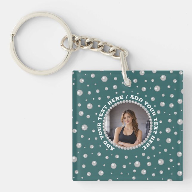Personalized Photo with Pearls Circle on Teal Keychain (Front)
