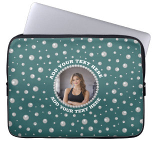 Personalized Photo with Pearls Circle on Teal Laptop Sleeve
