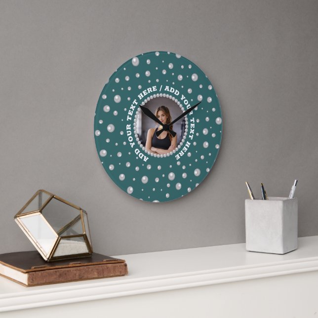 Personalized Photo with Pearls Circle on Teal Large Clock (Office)