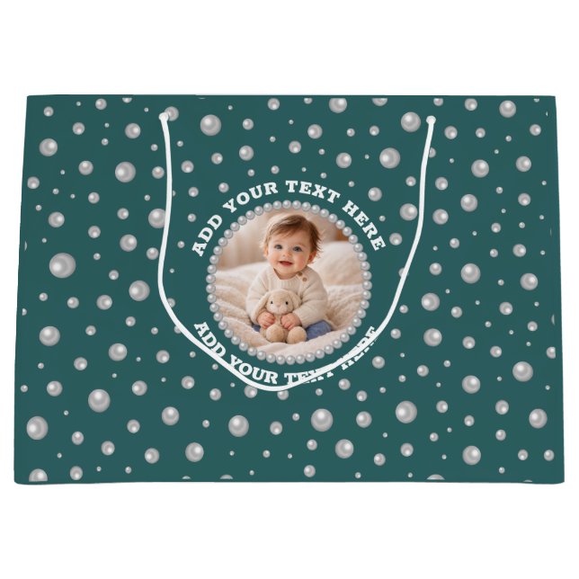 Personalized Photo with Pearls Circle on Teal Large Gift Bag (Front)