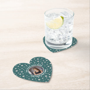 Personalized Photo with Pearls Circle on Teal Paper Coaster