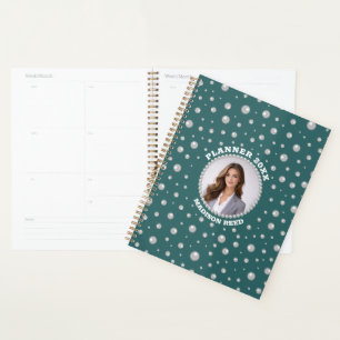 Personalized Photo with Pearls Circle on Teal Planner