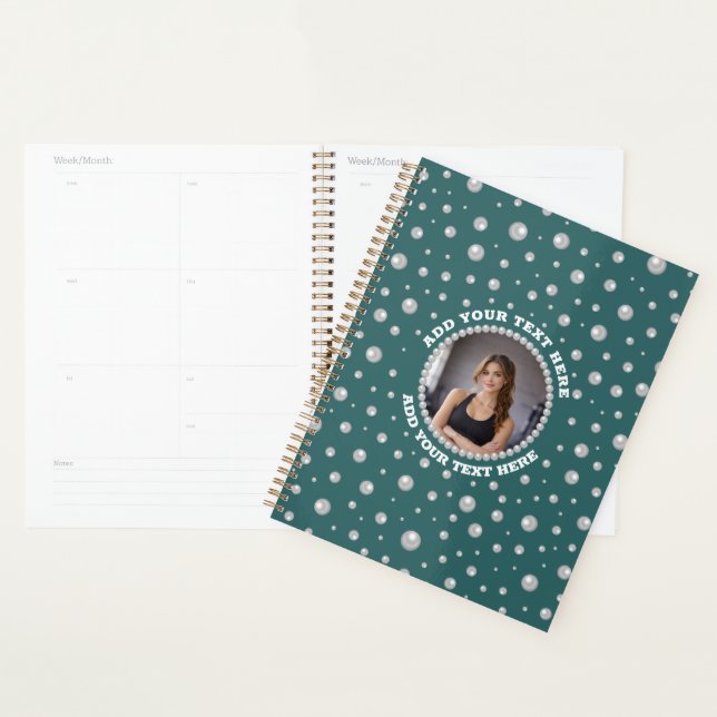 Personalized Photo with Pearls Circle on Teal Planner (Display)