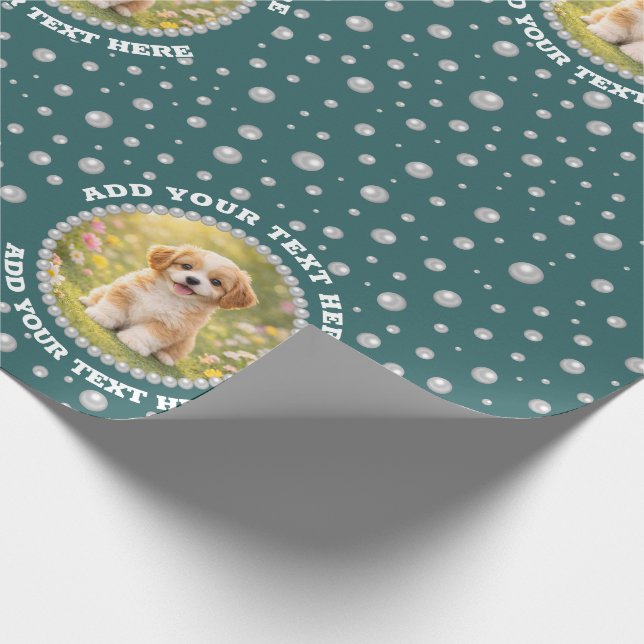 Personalized Photo with Pearls Circle on Teal Wrapping Paper (Corner)