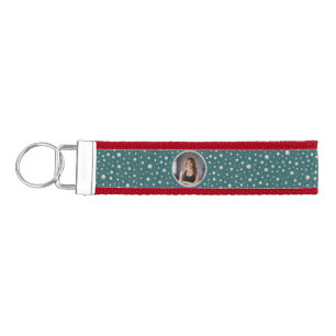 Personalized Photo with Pearls Circle on Teal Wrist Keychain