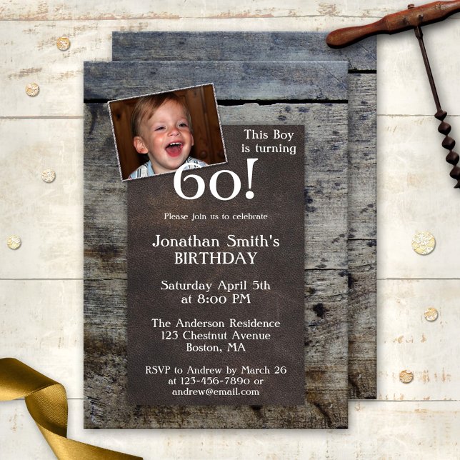 Personalized Photo Wood Birthday Party Invitation (Birthday party invitation featuring your photo on weathered wood and dark brown leather)