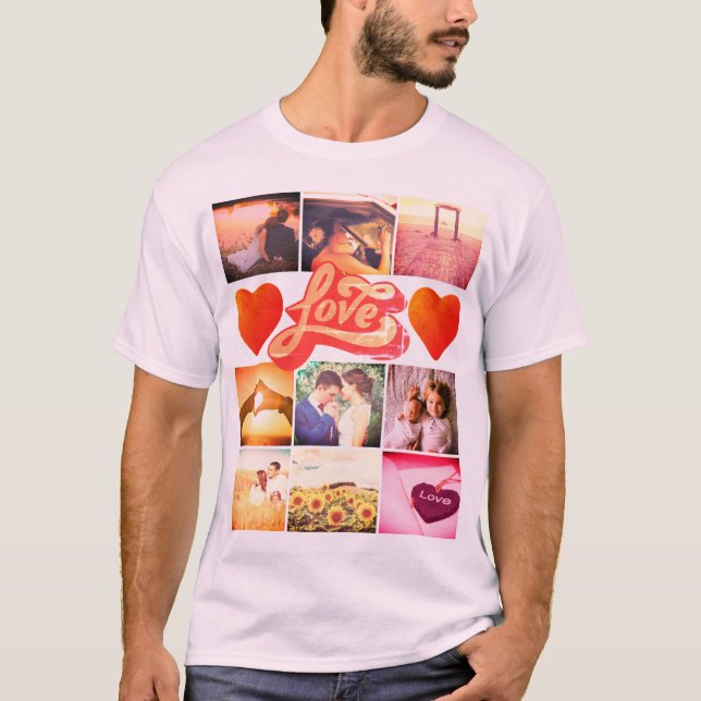 Personalized photo x9 retro red heart love T-Shirt (Front)