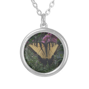 Personalized Photo Yellow and Black Butterfly Silver Plated Necklace