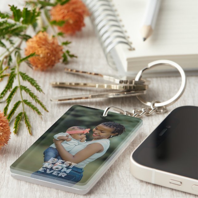 Personalized Photograph And Best Mom Ever Text  Keychain (Front Right)