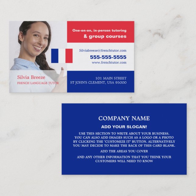 Personalized Photograph, French Language Tutor Business Card (Front/Back)
