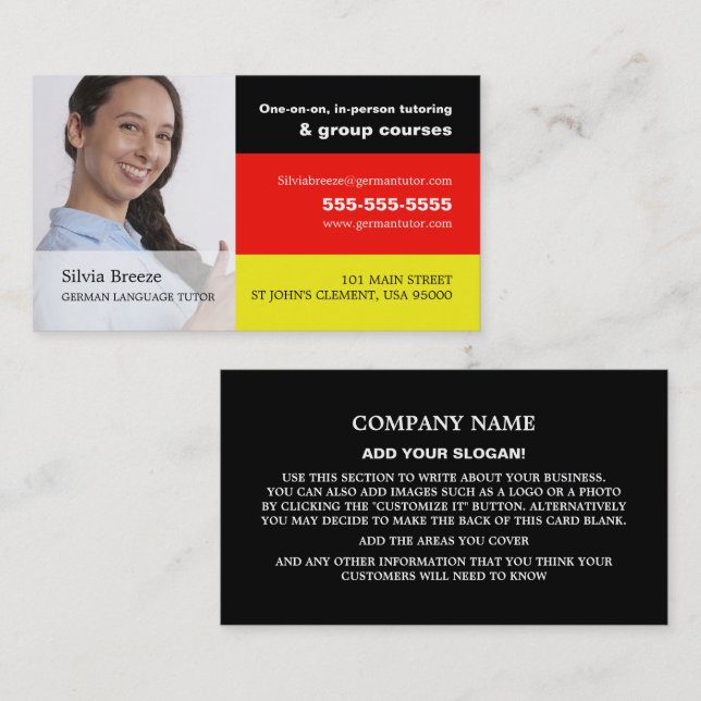 Personalized Photograph, German Language Tutor Business Card (Front/Back)